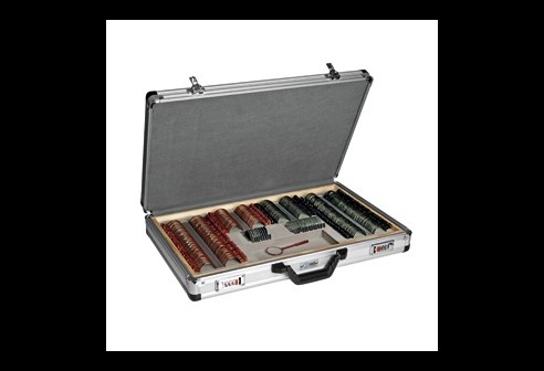 Boite d'essai avec 268 verres de mesure avec cerclage en métal